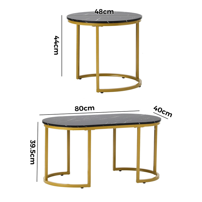 Coffee Table Set Of 2 Nesting Side End Tables Marble Effect Gold Black