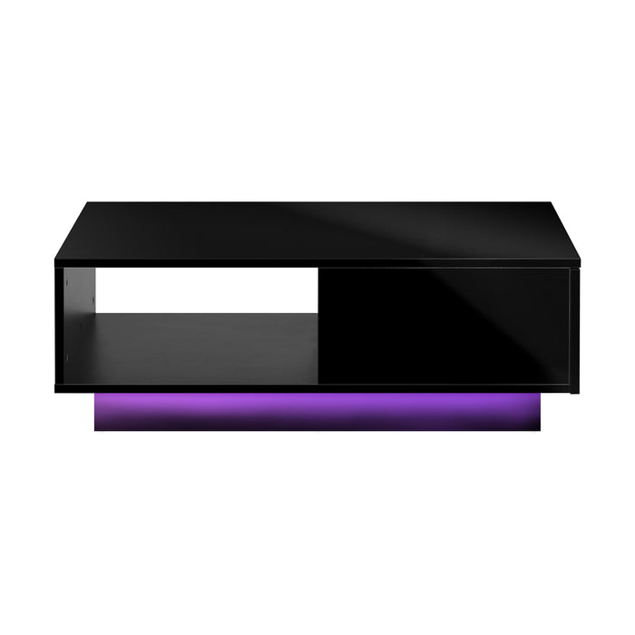 Coffee Table Led Light High Gloss Storage Drawer Modern Furniture Black