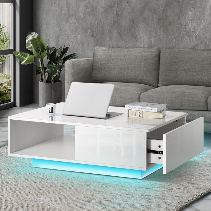 Coffee Table Led Light High Gloss Storage Drawer Modern Furniture
