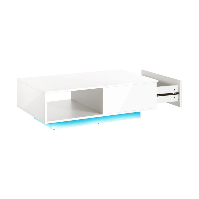 Coffee Table Led Light High Gloss Storage Drawer Modern Furniture White