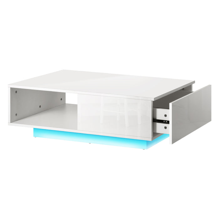 Coffee Table Led Light High Gloss Storage Drawer Modern Furniture White
