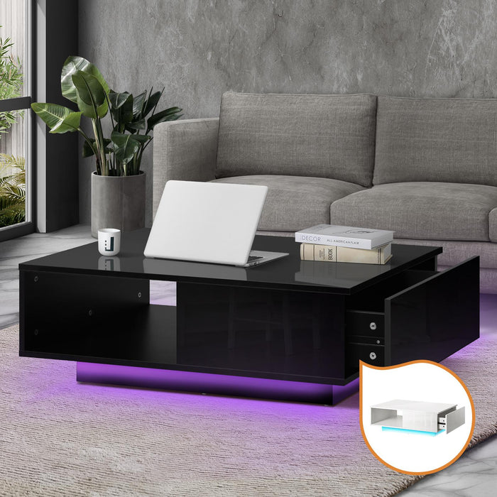 Coffee Table Led Light High Gloss Storage Drawer Modern Furniture