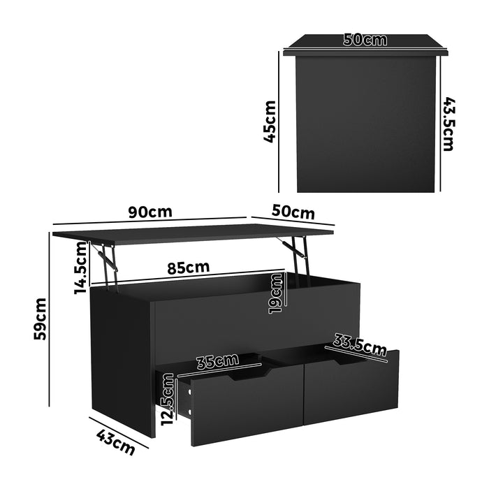 Coffee Table Lift Up Top Hidden Storage Laptop Desk 2 Drawers Black