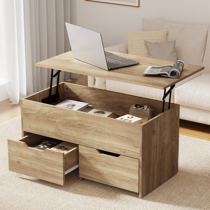 Coffee Table Lift Up Top Hidden Storage Laptop Desk 2 Drawers Natural