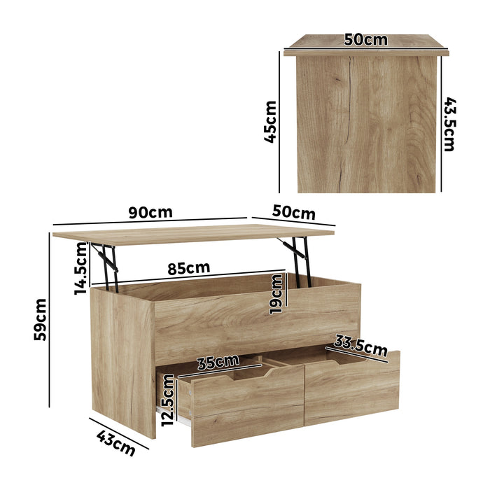 Coffee Table Lift Up Top Hidden Storage Laptop Desk 2 Drawers Natural