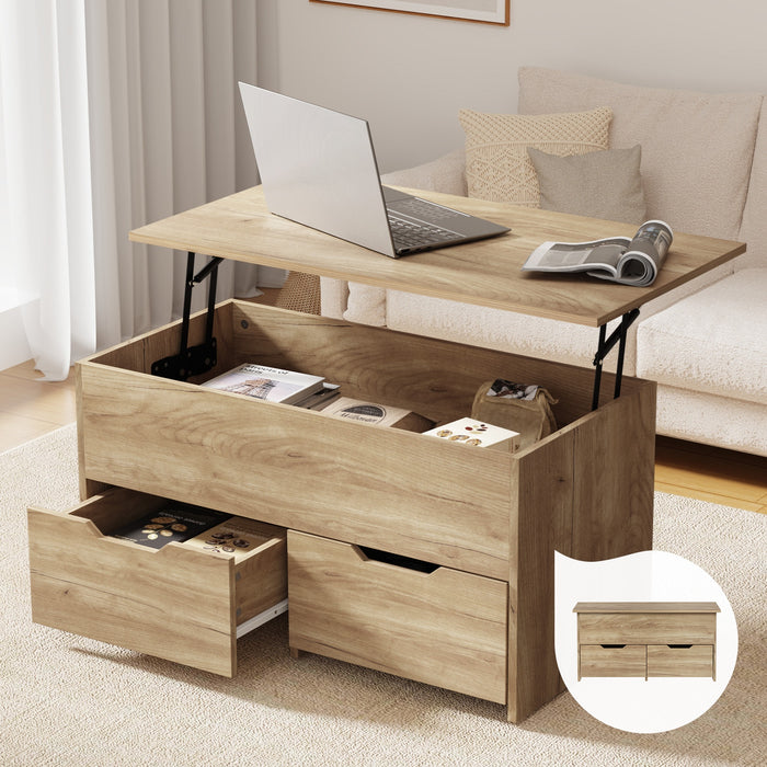 Coffee Table Lift Up Top Hidden Storage Laptop Desk 2 Drawers Natural