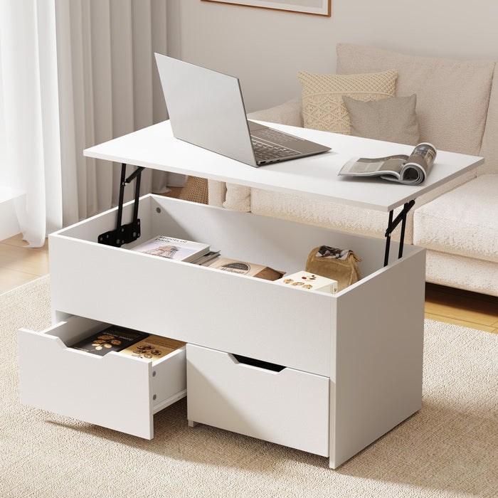 Coffee Table Lift Up Top Hidden Storage Laptop Desk 2 Drawers White