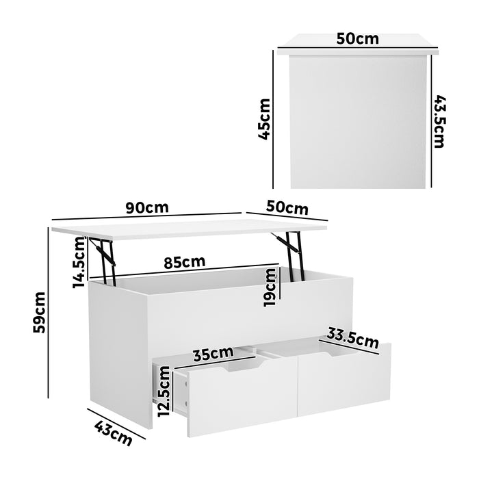 Coffee Table Lift Up Top Hidden Storage Laptop Desk 2 Drawers White