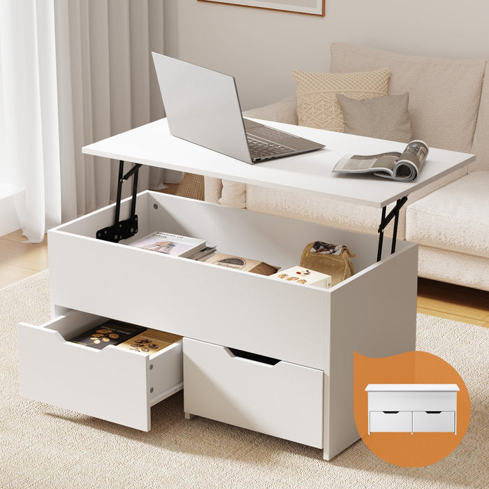 Coffee Table Lift Up Top Hidden Storage Laptop Desk 2 Drawers White