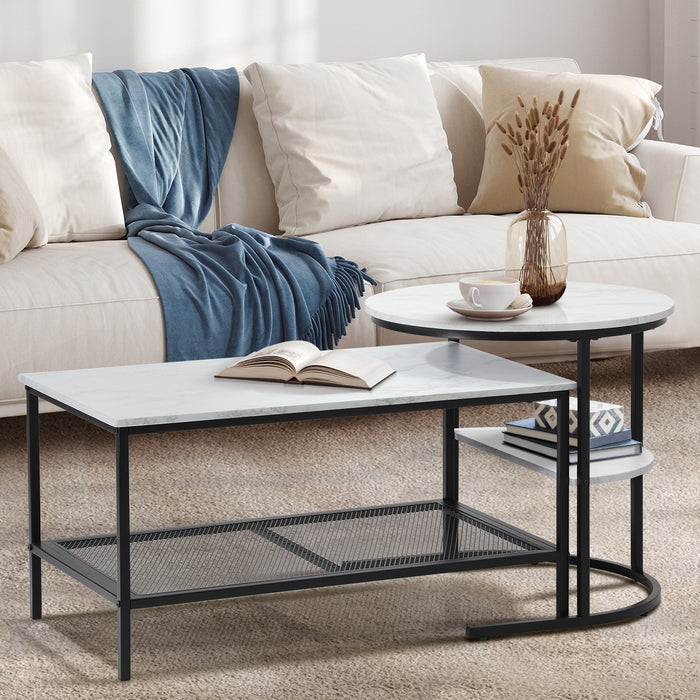Nesting Coffee Table Set Of 2 Side End Tables Detachable Faux Marble