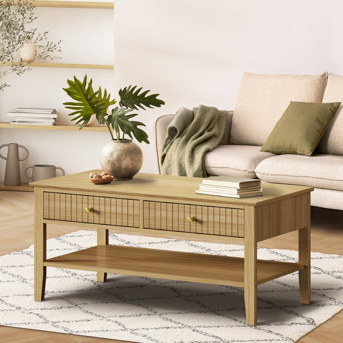 Coffee Table Rectangle Table Side Storage Drawers Shelving Natural