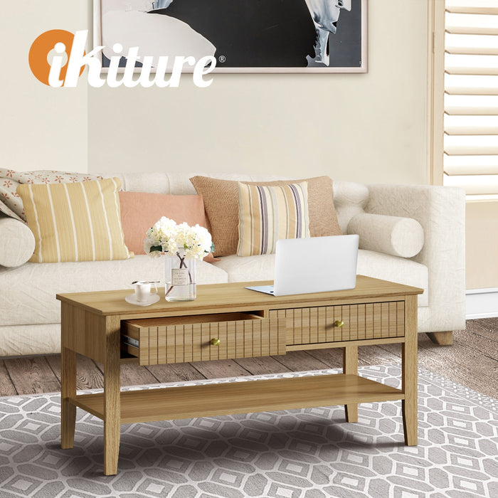 Coffee Table Rectangle Table Side Storage Drawers Shelving Natural