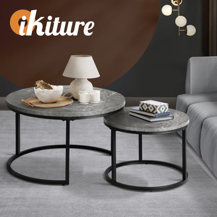 Set Of 2 Coffee Table Round Marble Nesting Side End Table Furniture