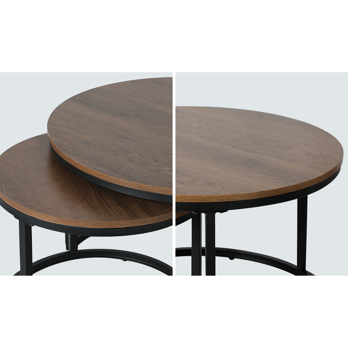 Set Of 2 Coffee Table Round Nesting Side End Table Walnut & Black