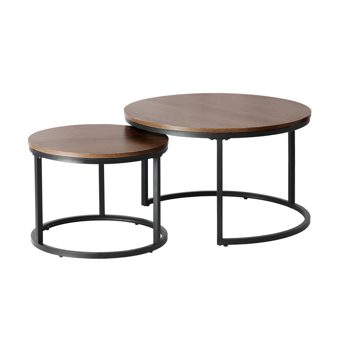 Set Of 2 Coffee Table Round Nesting Side End Table Walnut & Black