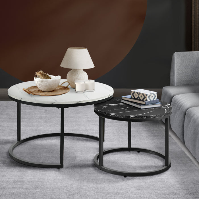 Set Of 2 Coffee Table Round Nesting Side End Table White & Black