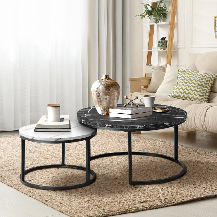 Set Of 2 Coffee Table Round Marble-Like Nesting Side Tables Black White