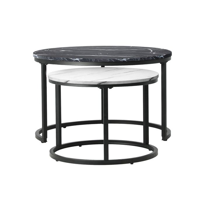 Set Of 2 Coffee Table Round Marble-Like Nesting Side Tables Black White