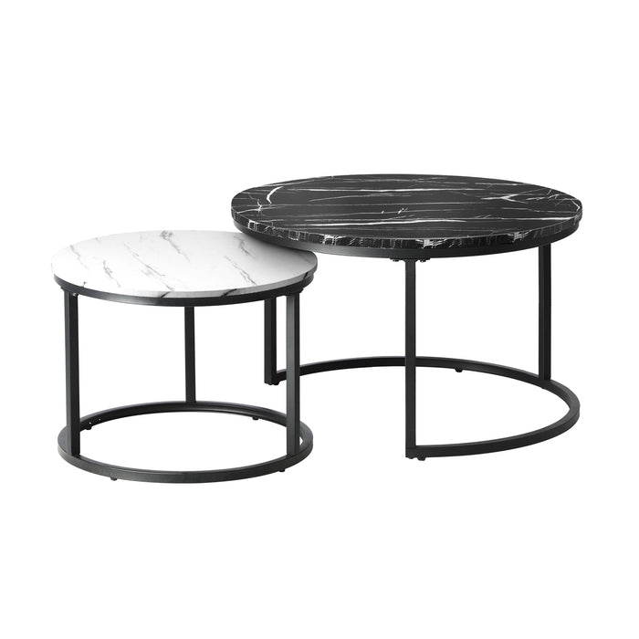 Set Of 2 Coffee Table Round Marble-Like Nesting Side Tables Black White