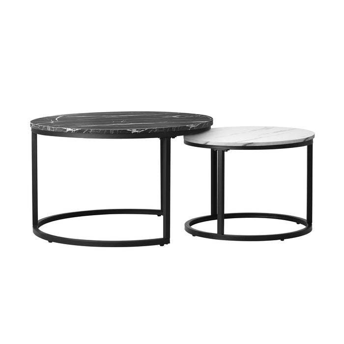 Set Of 2 Coffee Table Round Marble-Like Nesting Side Tables Black White