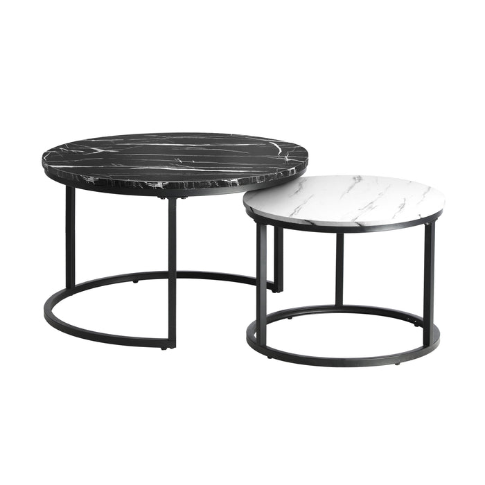Set Of 2 Coffee Table Round Marble-Like Nesting Side Tables Black White