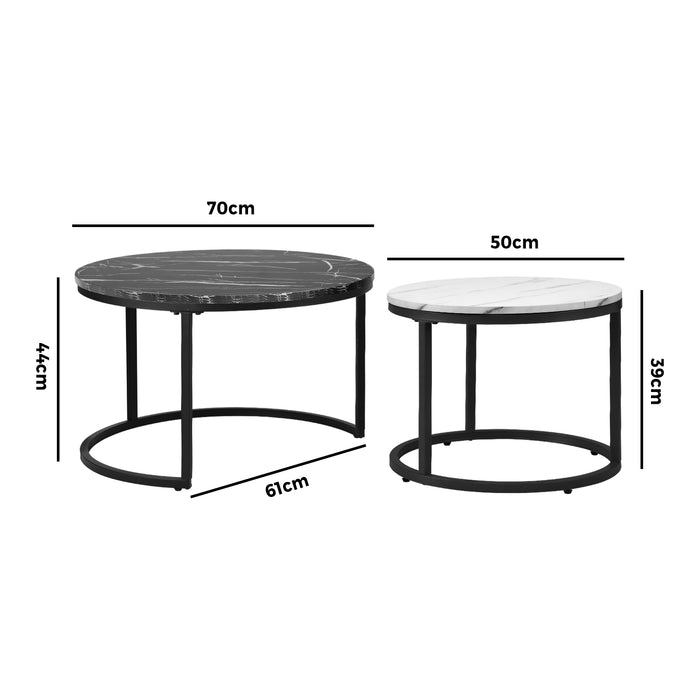 Set Of 2 Coffee Table Round Marble-Like Nesting Side Tables Black White