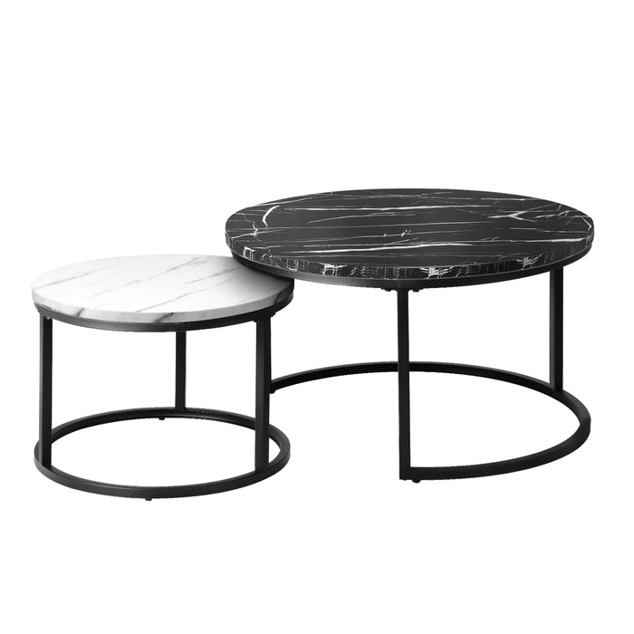 Set Of 2 Coffee Table Round Marble-Like Nesting Side Tables Black White