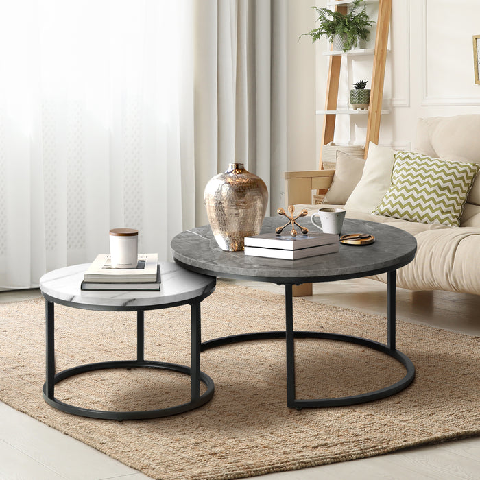Ikiture Set Of 2 Coffee Table Round Marble-Like Nesting Side Tables Grey White