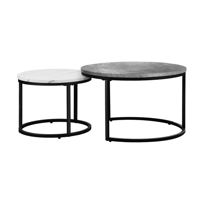 Ikiture Set Of 2 Coffee Table Round Marble-Like Nesting Side Tables Grey White