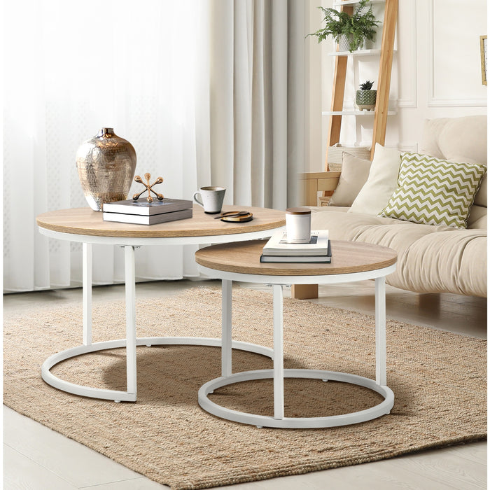 Set Of 2 Coffee Table Round Nesting Side End Table Natural And White