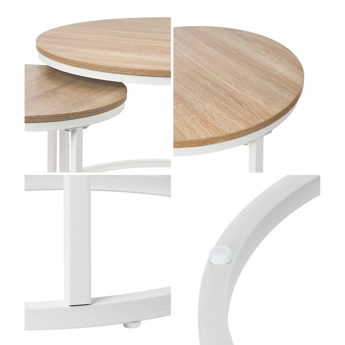 Set Of 2 Coffee Table Round Nesting Side End Table Natural And White