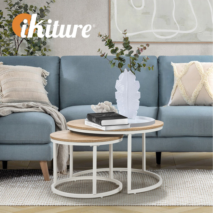 Set Of 2 Coffee Table Round Nesting Side End Table Natural And White