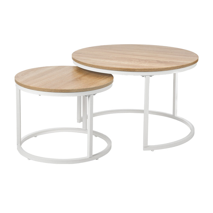 Set Of 2 Coffee Table Round Nesting Side End Table Natural And White