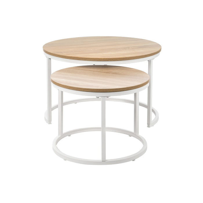 Set Of 2 Coffee Table Round Nesting Side End Table Natural And White