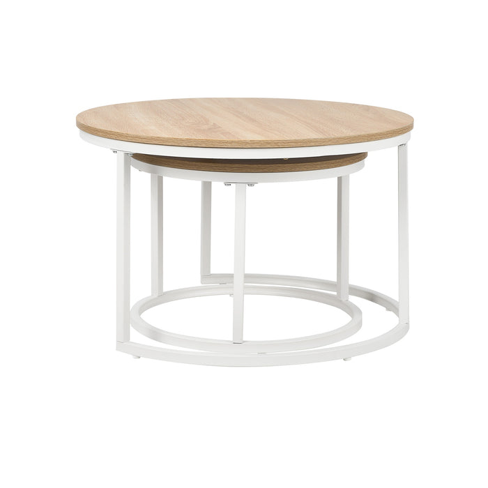 Set Of 2 Coffee Table Round Nesting Side End Table Natural And White