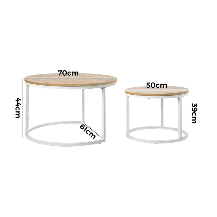 Set Of 2 Coffee Table Round Nesting Side End Table Natural And White