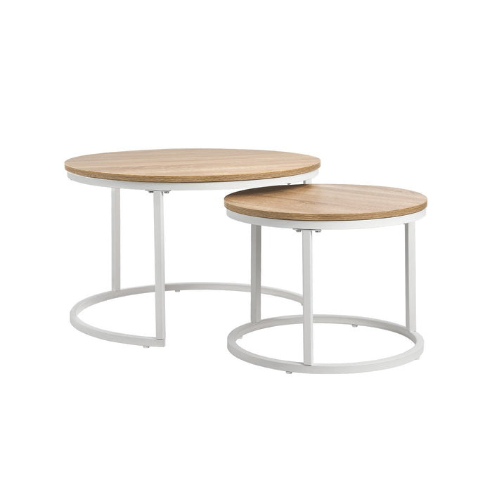 Set Of 2 Coffee Table Round Nesting Side End Table Natural And White