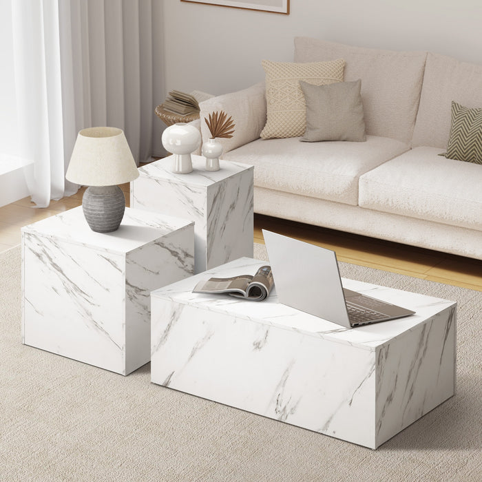 Coffee Table Set Of 3 Side Tables Sofa Cafe Desk Marble Effect White