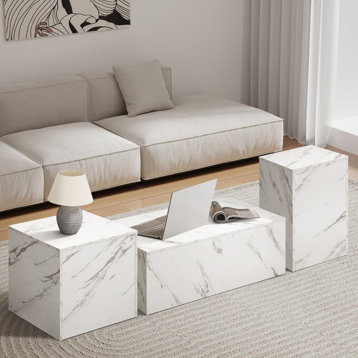 Coffee Table Set Of 3 Side Tables Sofa Cafe Desk Marble Effect White