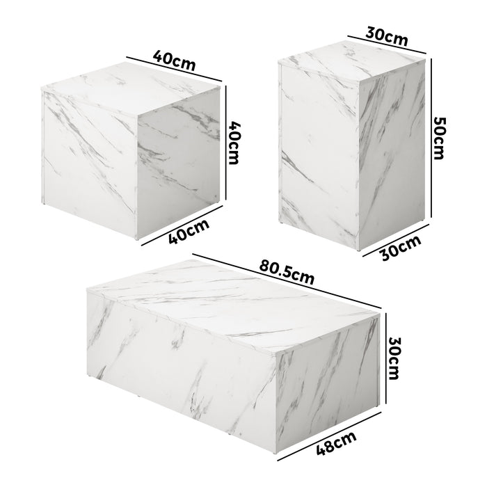 Coffee Table Set Of 3 Side Tables Sofa Cafe Desk Marble Effect White