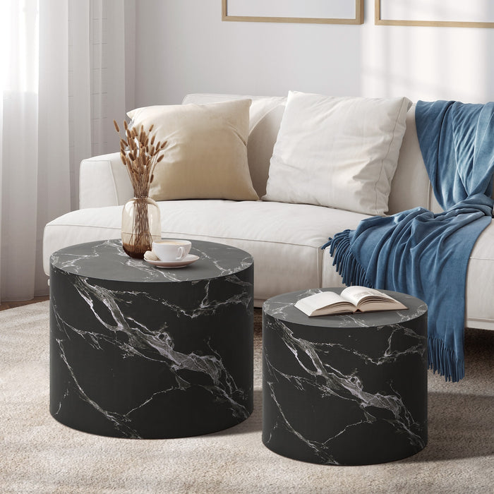 Coffee Table Set Of 2 Round Side Tables Sofa Cafe Marble Effect Black