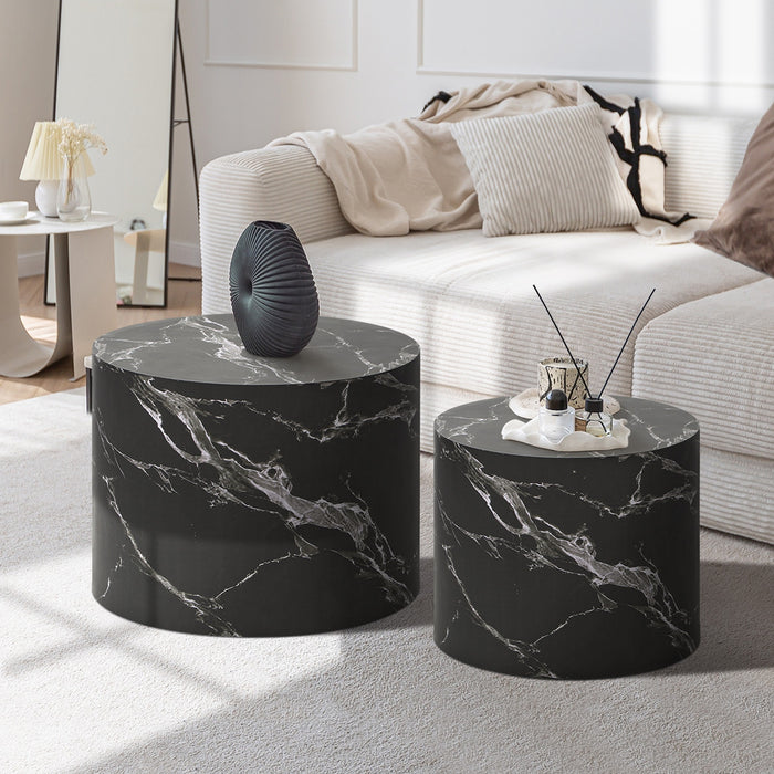 Coffee Table Set Of 2 Round Side Tables Sofa Cafe Marble Effect Black