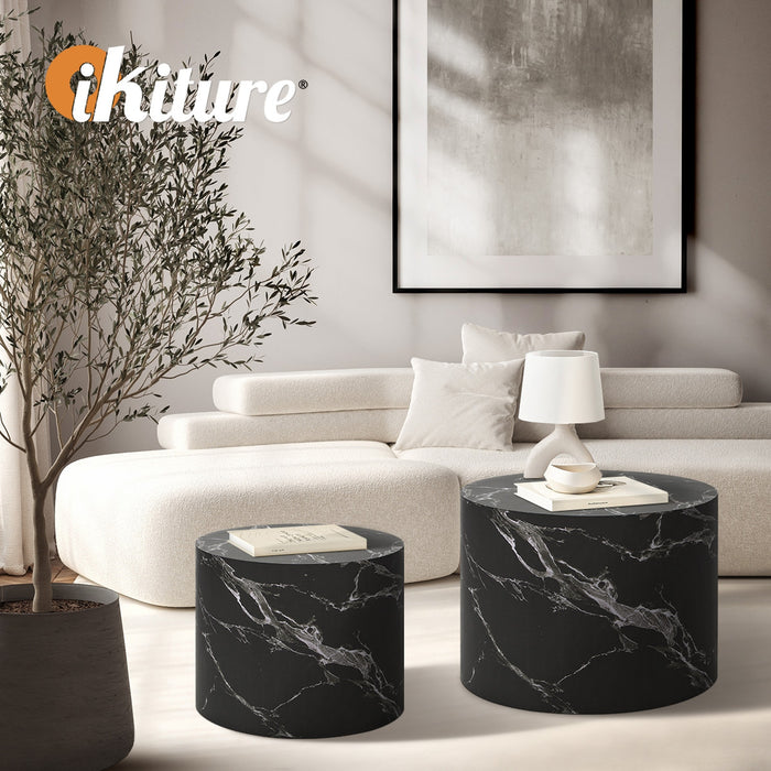 Coffee Table Set Of 2 Round Side Tables Sofa Cafe Marble Effect Black