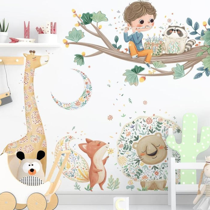 Cute Cartoon Animals & Boy On The Tree Wallpaper For Kids