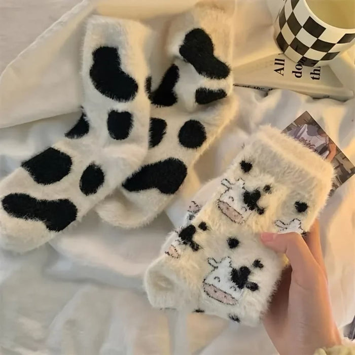 Cute Cow Spots Print Socks 2 Pairs Thick Warm Coral Fleece