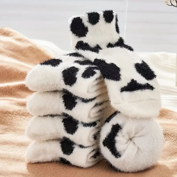 Cute Cow Spots Print Socks 2 Pairs Thick Warm Coral Fleece