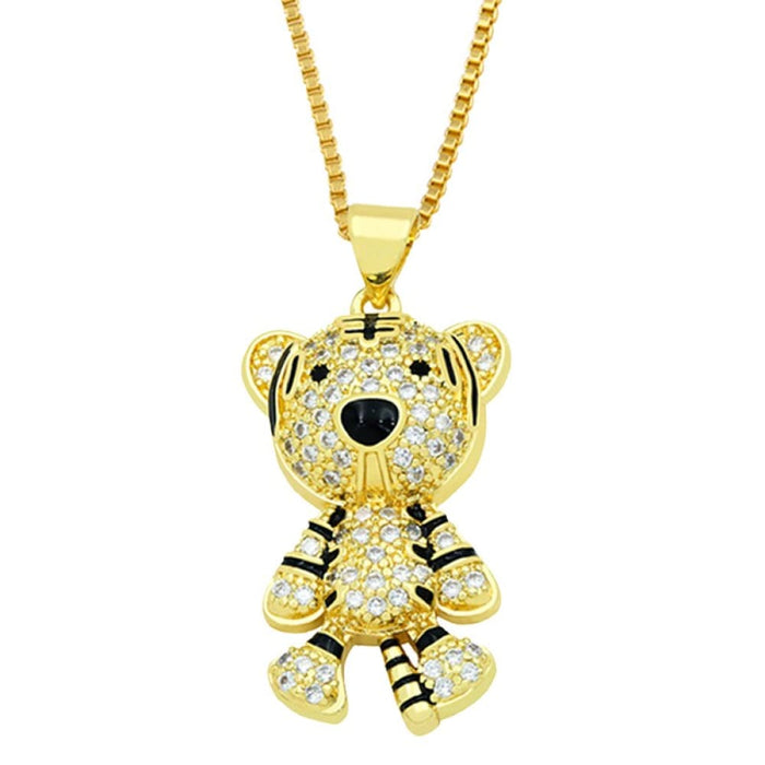 Cute Tiger And Bear Animal Charm Necklace Cz Zircon Stone