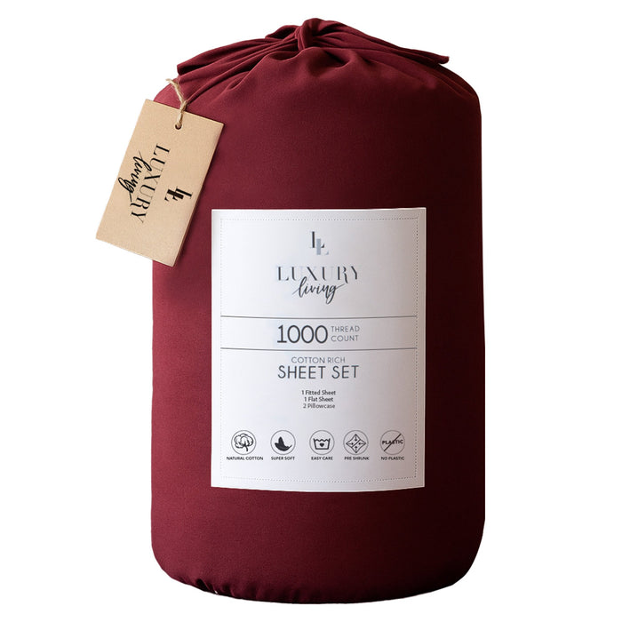 1000 Thread Count Cotton Rich King Bed Sheets 4-Piece Set In Burgundy