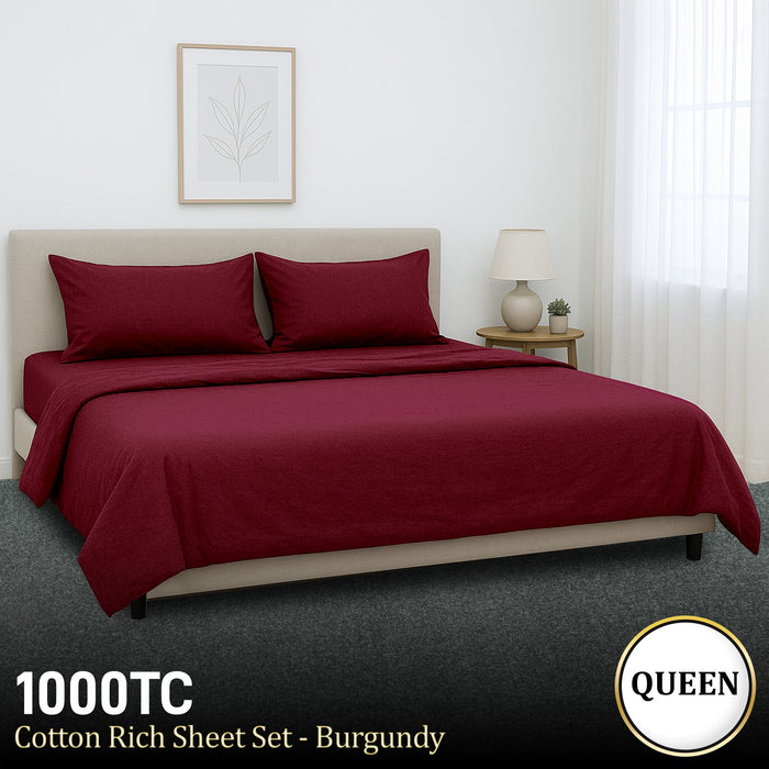 1000 Thread Count Cotton Rich Queen Bed Sheets 4-Piece Set In Burgundy