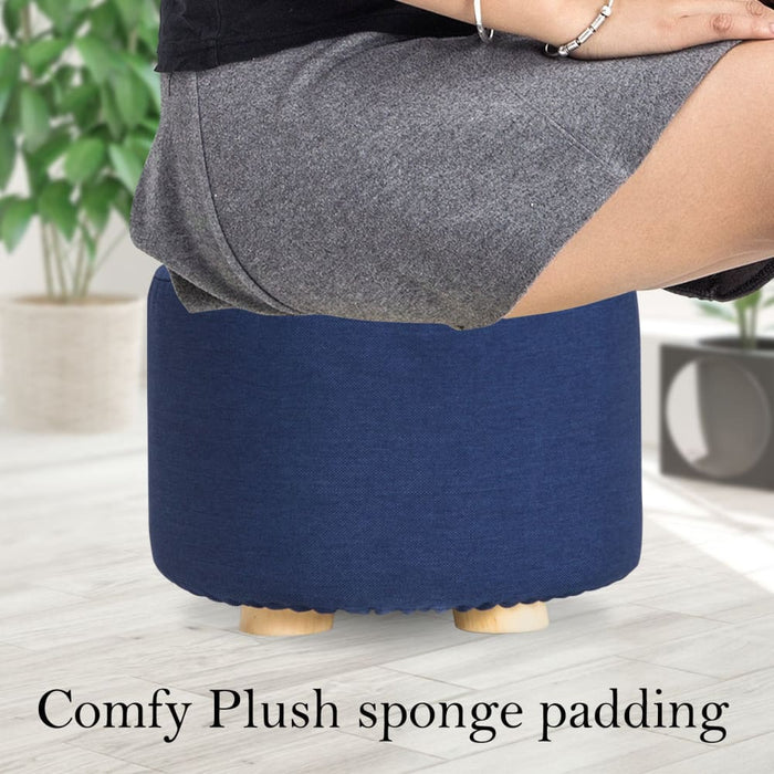 Dark Blue Fabric Ottoman Round Wooden Leg Foot Stool